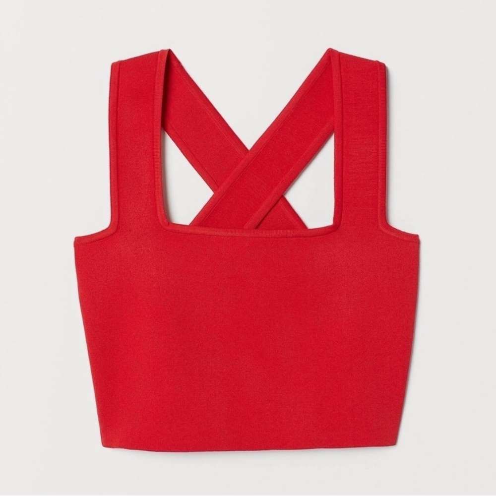 H&M Women Red Ribbed Cross Back Crop Top LARGE Preppy Bodycon Contemporary